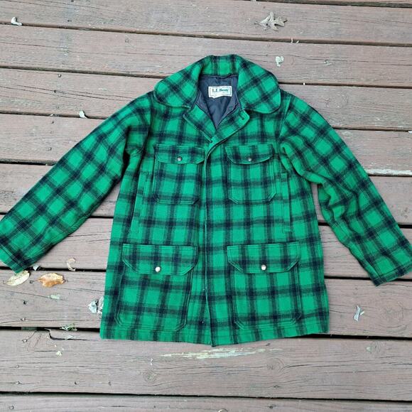VINTAGE L.L. BEAN BUFFALO PLAID GREEN COAT LARGE 85% WOOL WOMEN - Picture 2 of 12